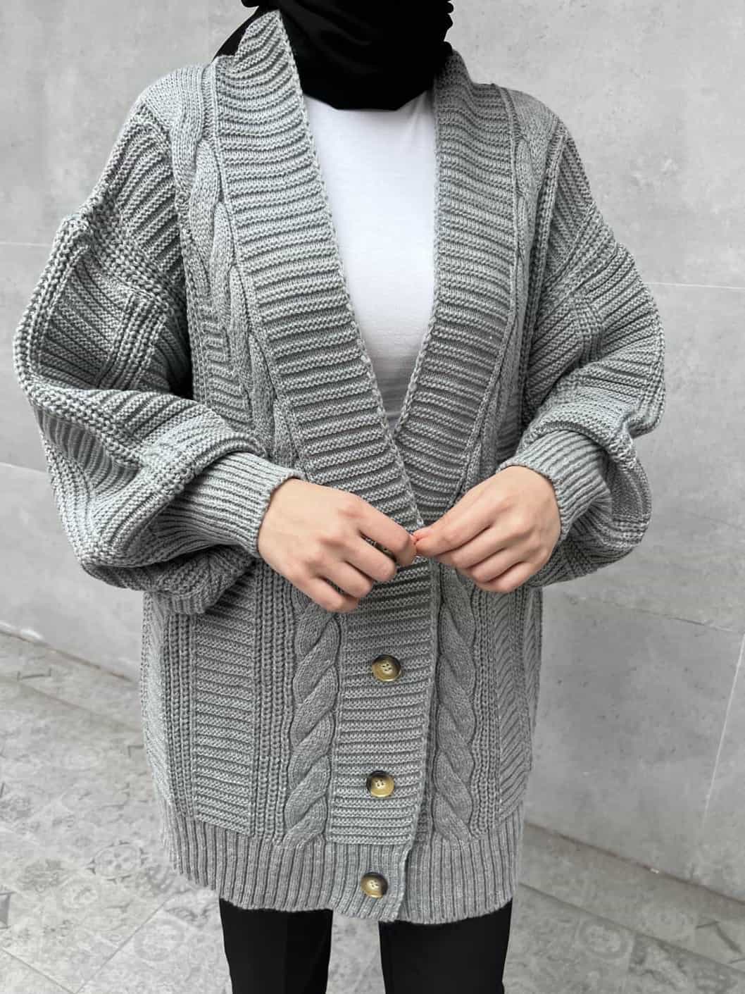 Örgü Desen Triko Hırka - Gri