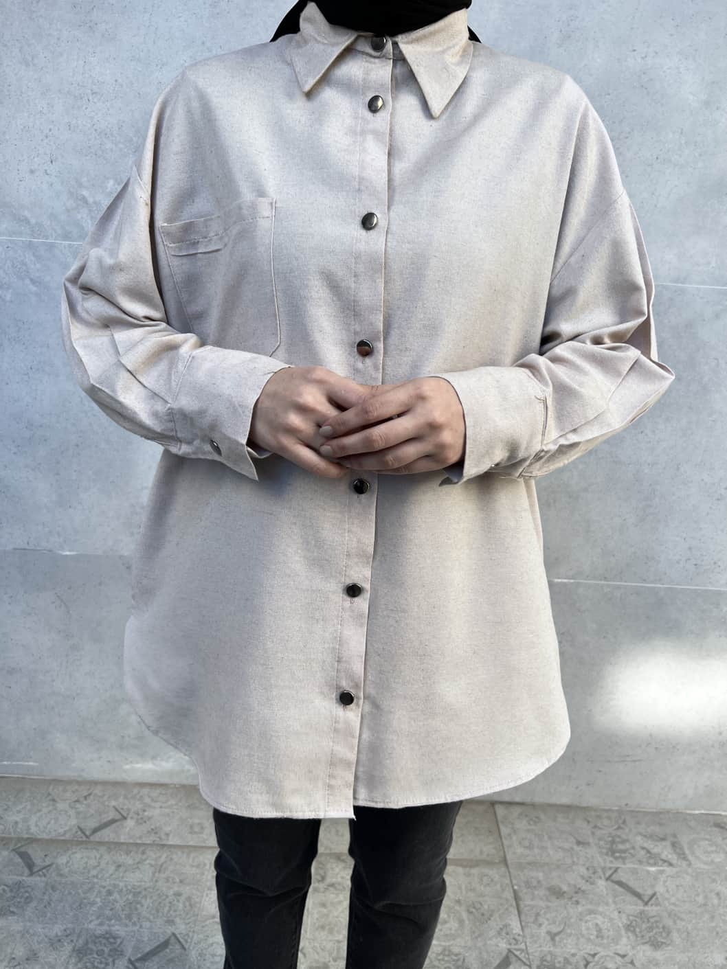 Pamuk Kumaş Metal Düğmeli Gömlek - Vizon Pamuk Kumaş Metal Düğmeli Gömlek - Vizon