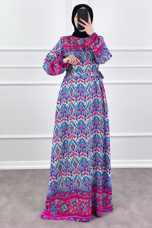 Pamuk Viskon Elbise - Fuşya