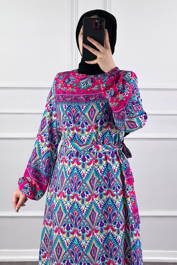 Pamuk Viskon Elbise - Fuşya