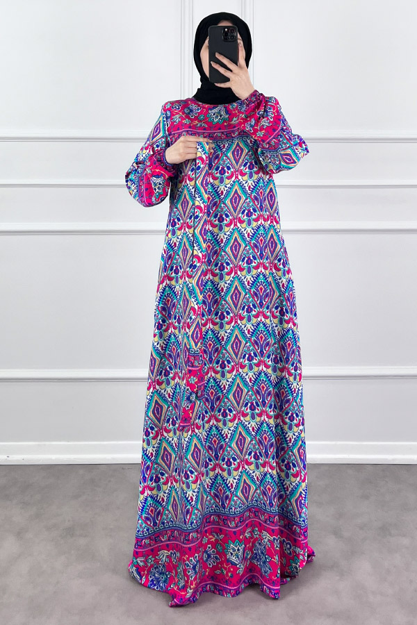 Pamuk Viskon Elbise - Fuşya