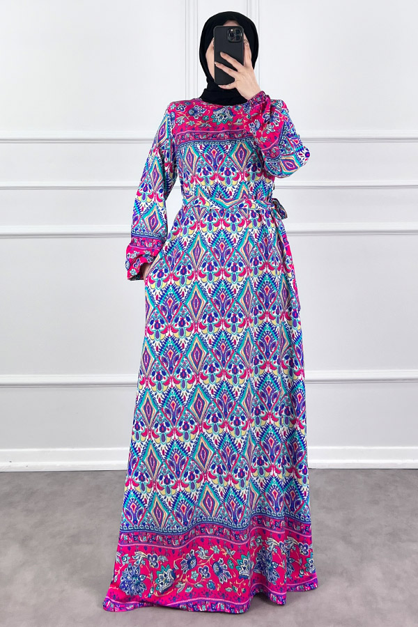 Pamuk Viskon Elbise - Fuşya