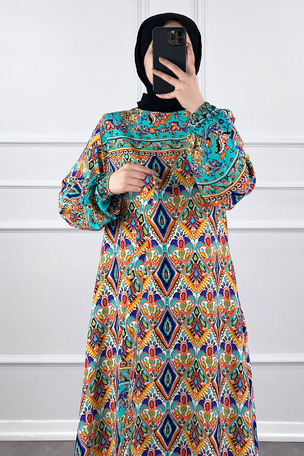 Pamuk Viskon Elbise - Mavi