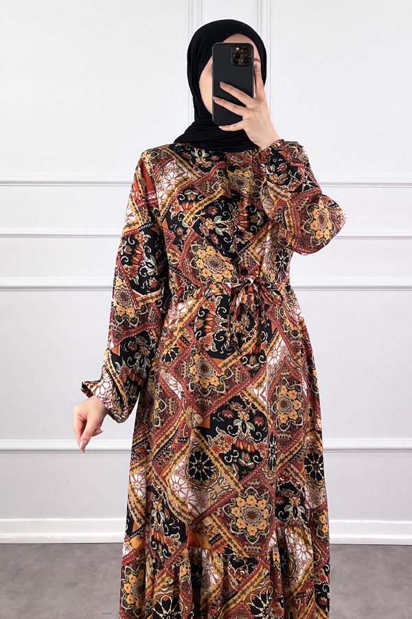 Pamuk Viskon Etnik Desen Elbise - Kahverengi