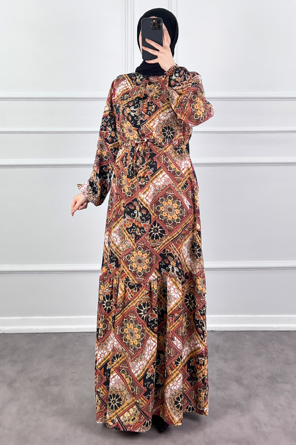 Pamuk Viskon Etnik Desen Elbise - Kahverengi
