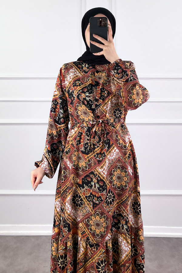 Pamuk Viskon Etnik Desen Elbise - Kahverengi