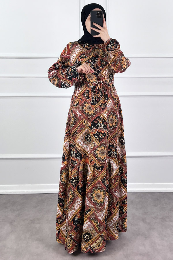 Pamuk Viskon Etnik Desen Elbise - Kahverengi