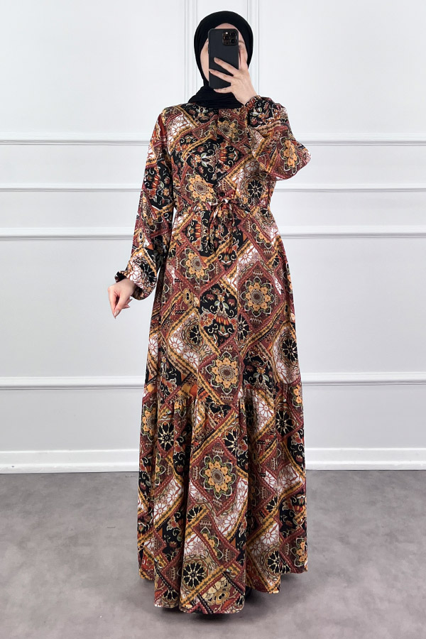 Pamuk Viskon Etnik Desen Elbise - Kahverengi