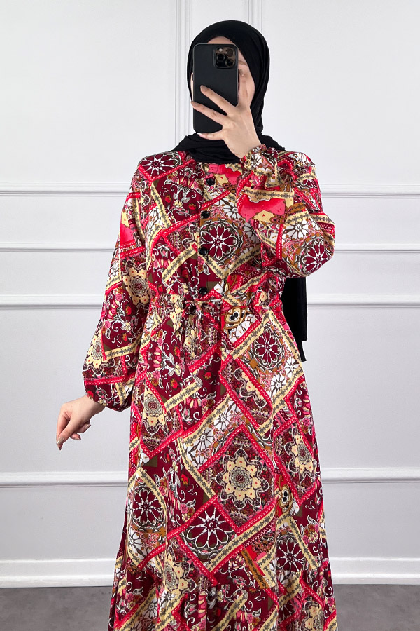 Pamuk Viskon Etnik Desen Elbise - Kırmızı