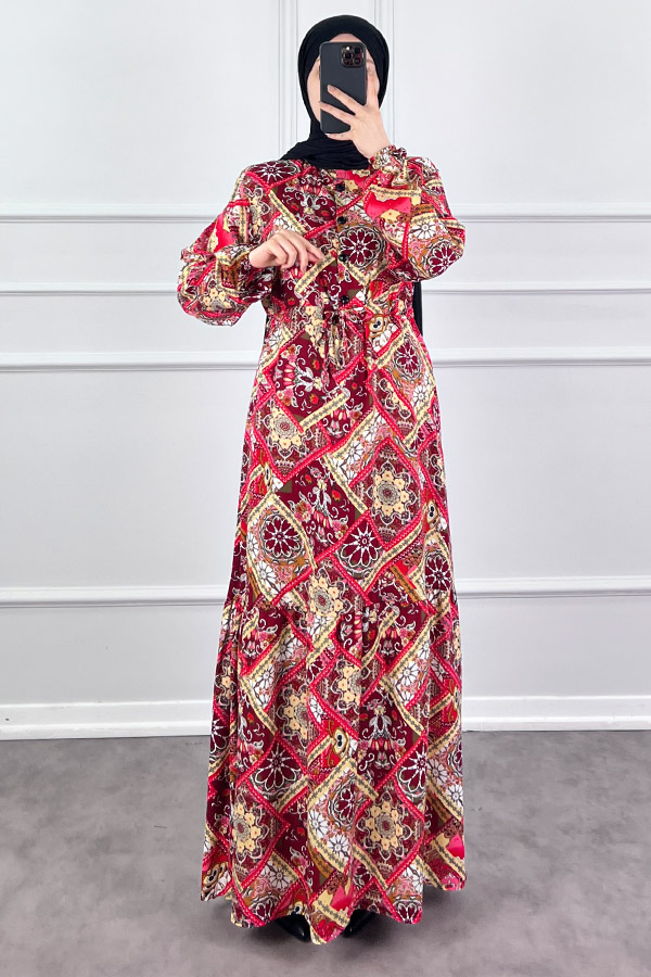 Pamuk Viskon Etnik Desen Elbise - Kırmızı