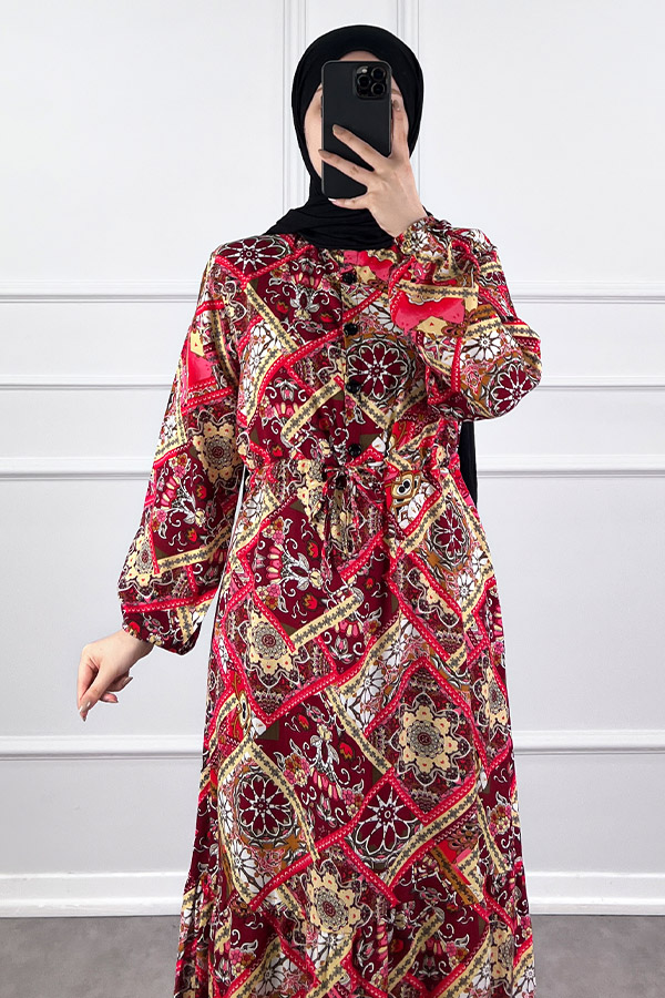 Pamuk Viskon Etnik Desen Elbise - Kırmızı