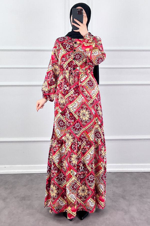 Pamuk Viskon Etnik Desen Elbise - Kırmızı