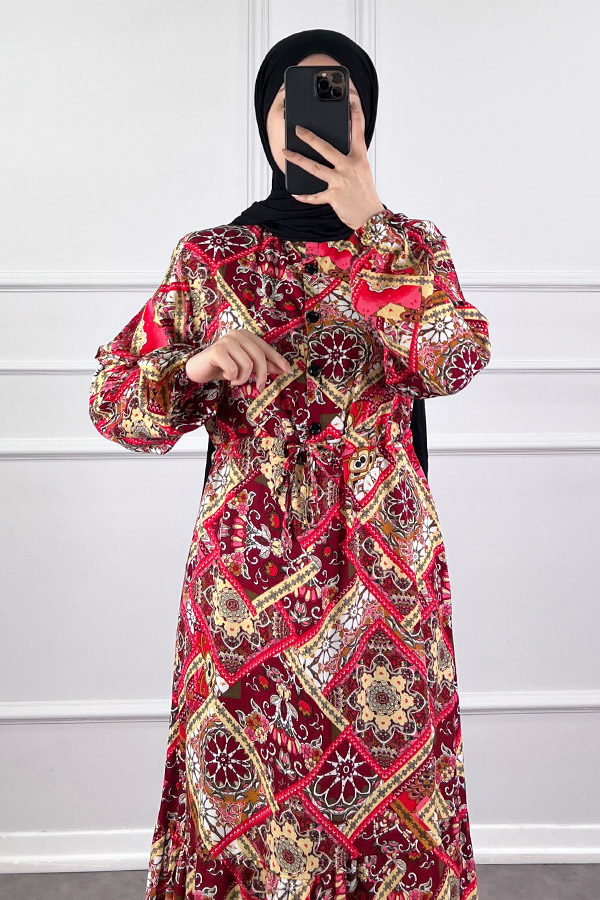 Pamuk Viskon Etnik Desen Elbise - Kırmızı