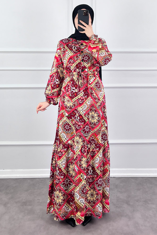 Pamuk Viskon Etnik Desen Elbise - Kırmızı