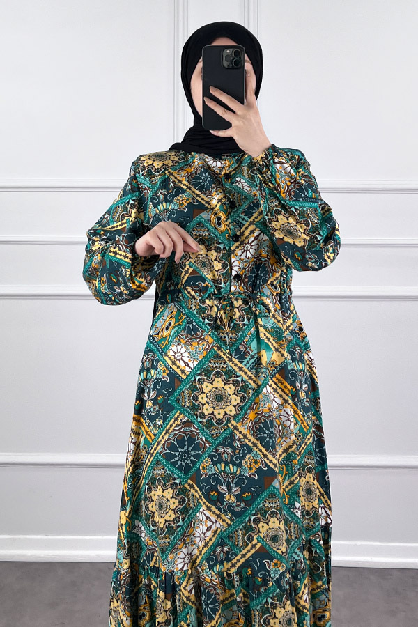 Pamuk Viskon Etnik Desen Elbise - Yeşil