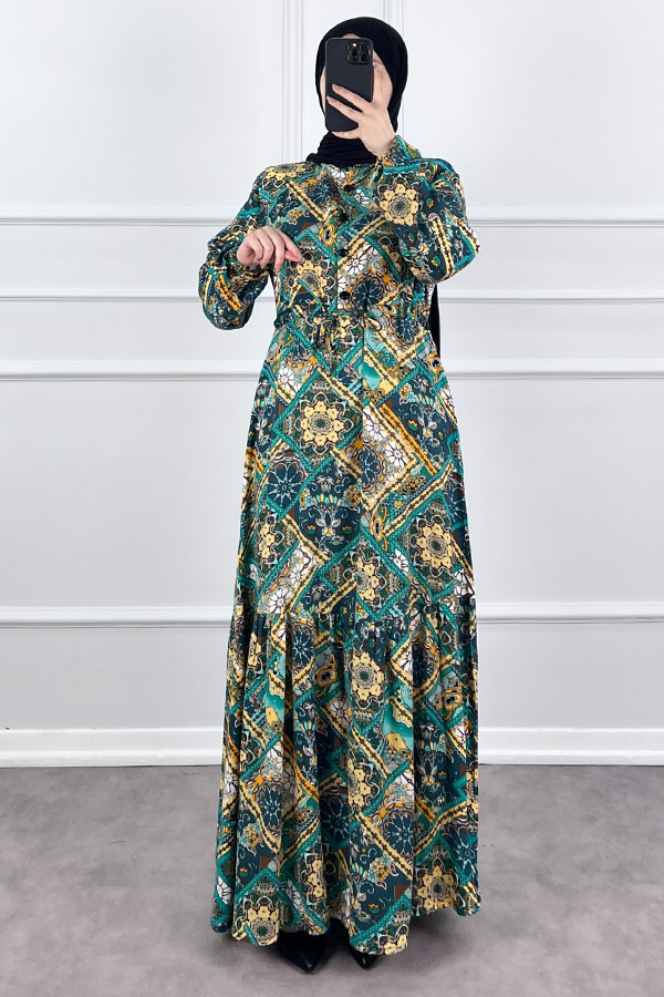 Pamuk Viskon Etnik Desen Elbise - Yeşil