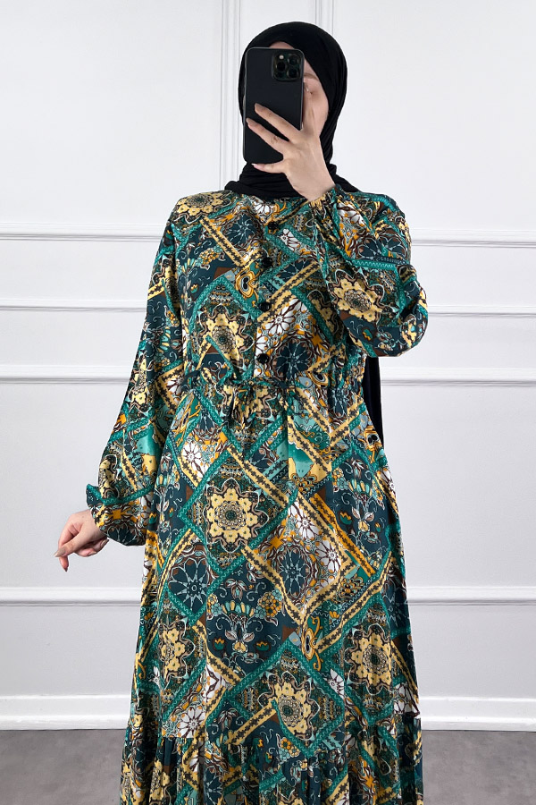 Pamuk Viskon Etnik Desen Elbise - Yeşil