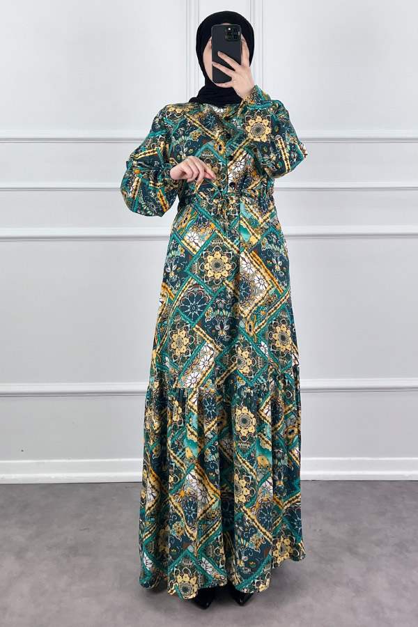 Pamuk Viskon Etnik Desen Elbise - Yeşil