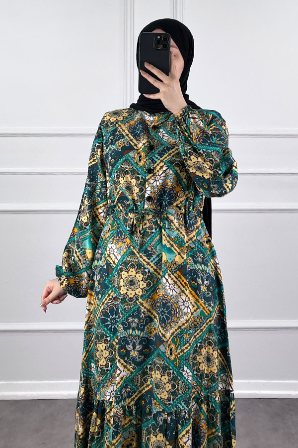 Pamuk Viskon Etnik Desen Elbise - Yeşil