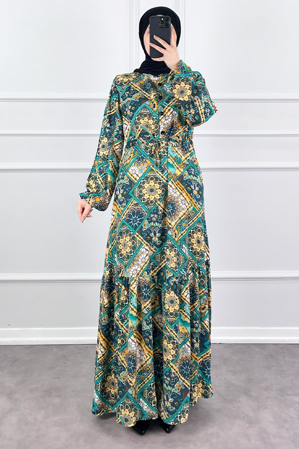 Pamuk Viskon Etnik Desen Elbise - Yeşil