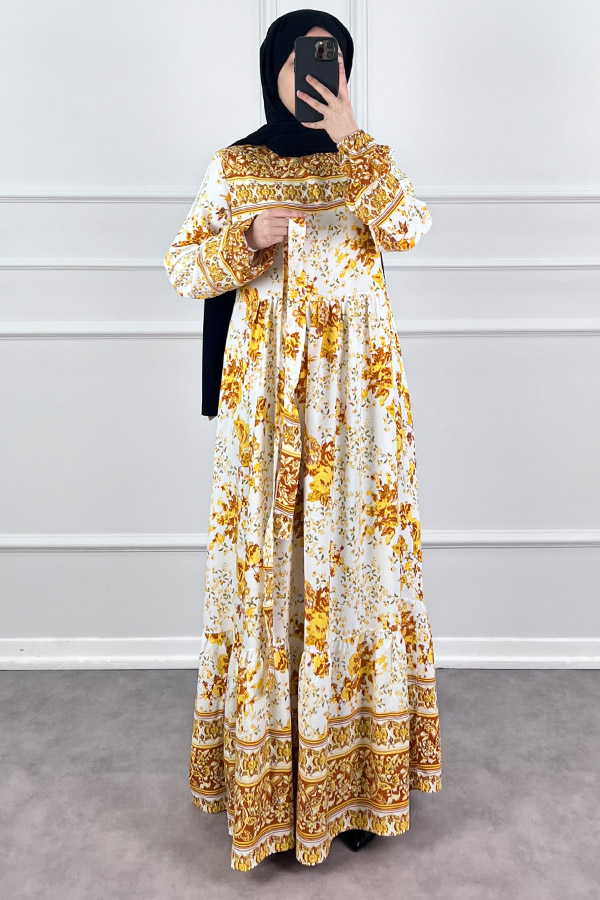 Pamuk Viskon Gül Elbise - Sarı