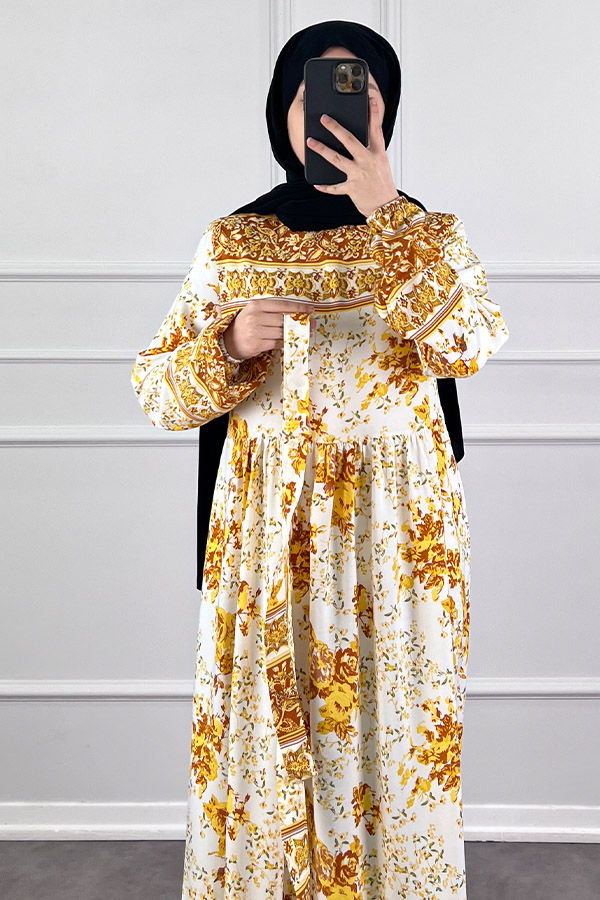 Pamuk Viskon Gül Elbise - Sarı