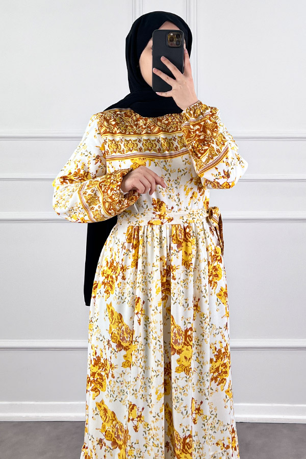 Pamuk Viskon Gül Elbise - Sarı