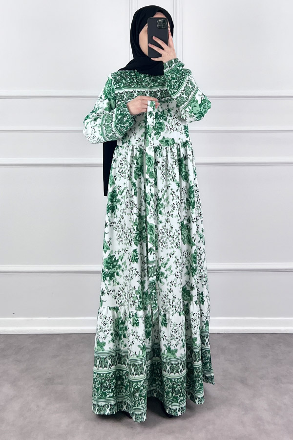 Pamuk Viskon Gül Elbise - Yeşil