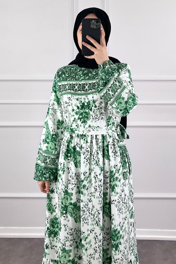 Pamuk Viskon Gül Elbise - Yeşil