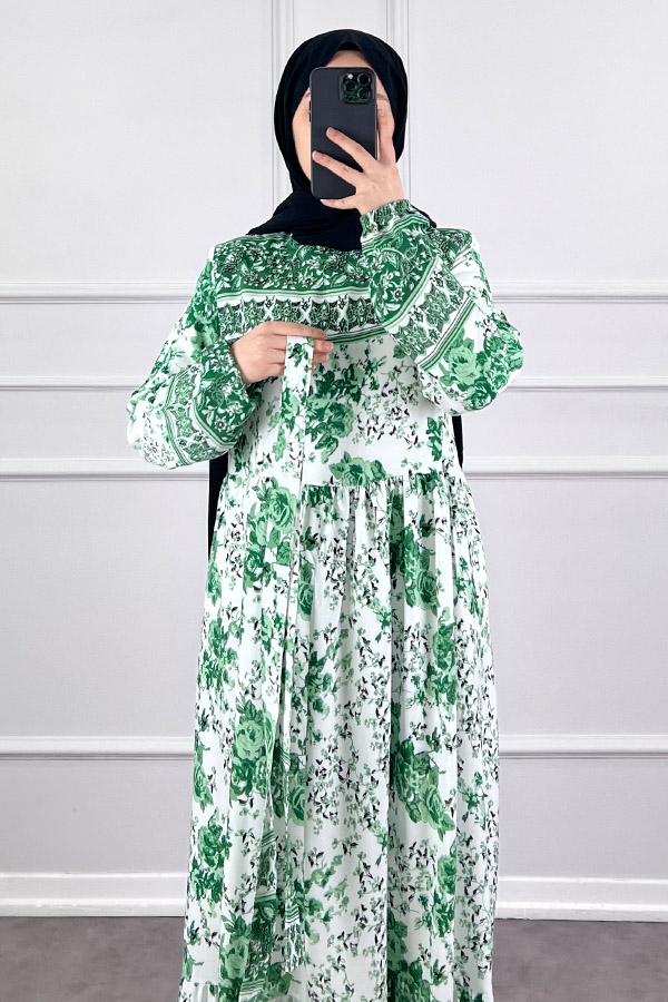 Pamuk Viskon Gül Elbise - Yeşil