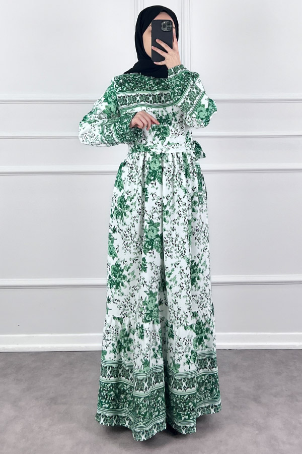 Pamuk Viskon Gül Elbise - Yeşil