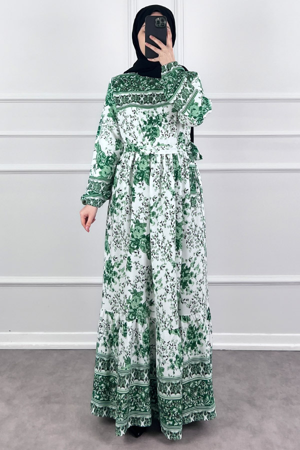 Pamuk Viskon Gül Elbise - Yeşil