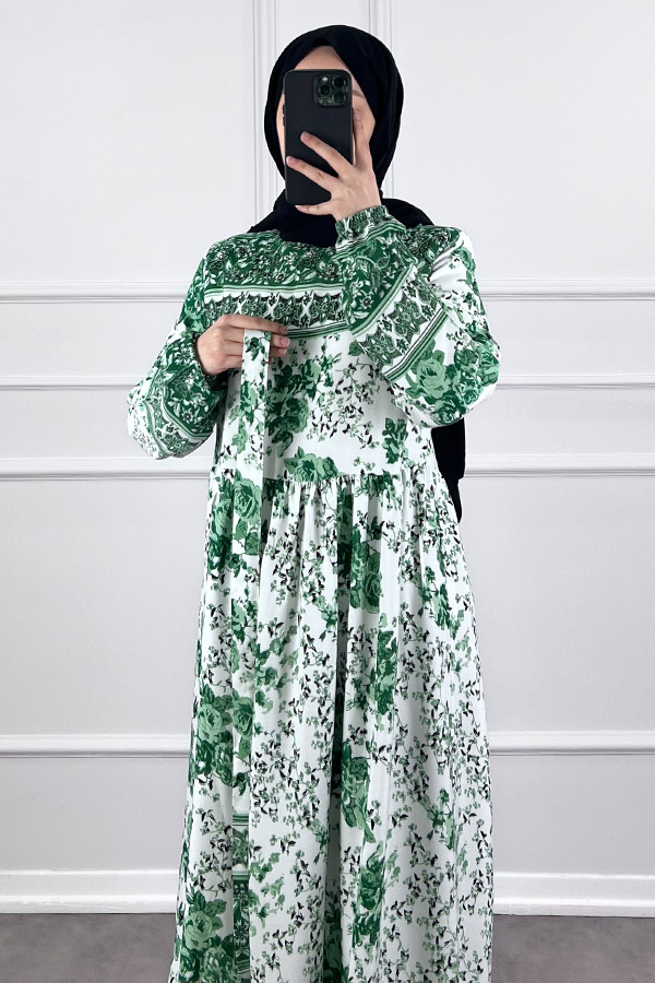 Pamuk Viskon Gül Elbise - Yeşil
