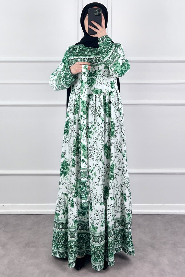 Pamuk Viskon Gül Elbise - Yeşil