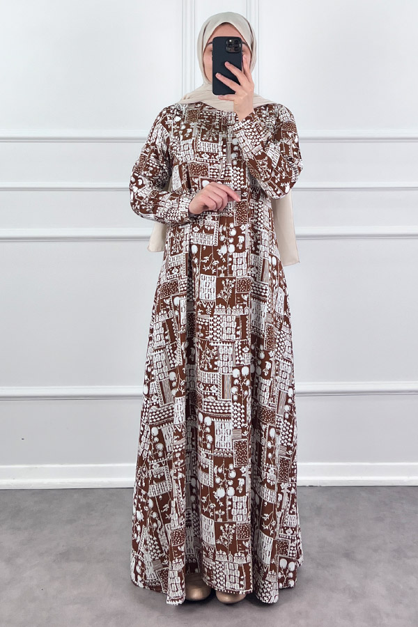 Pamuk Viskon Kumaş Elbise - Kahverengi