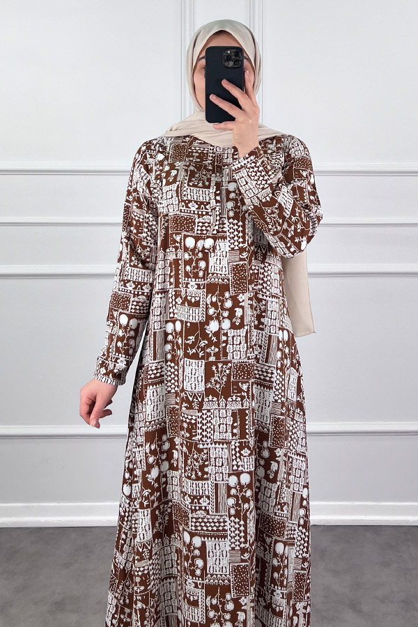 Pamuk Viskon Kumaş Elbise - Kahverengi