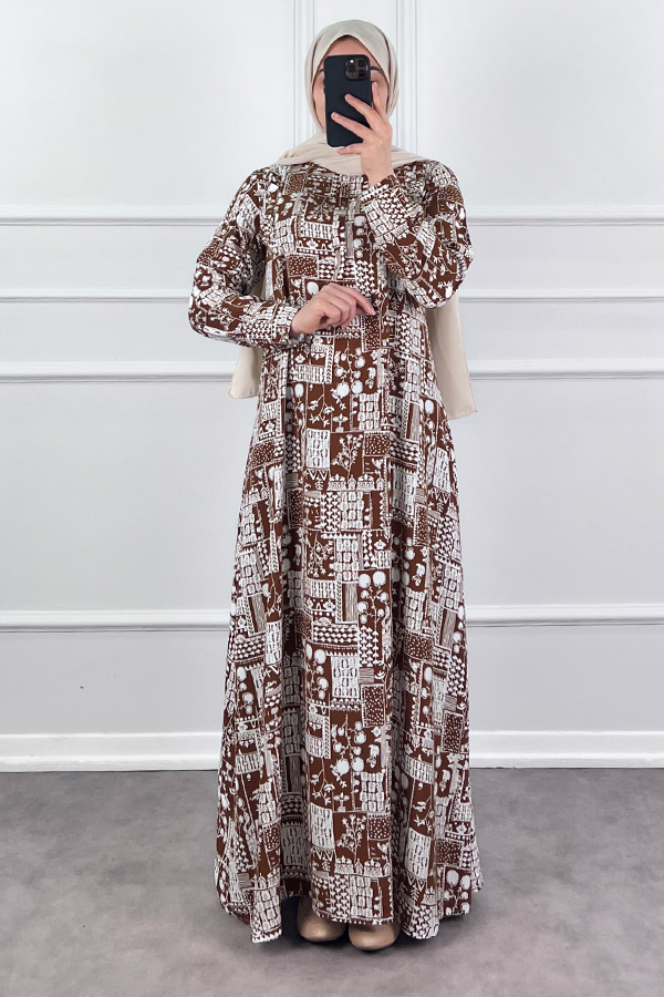 Pamuk Viskon Kumaş Elbise - Kahverengi