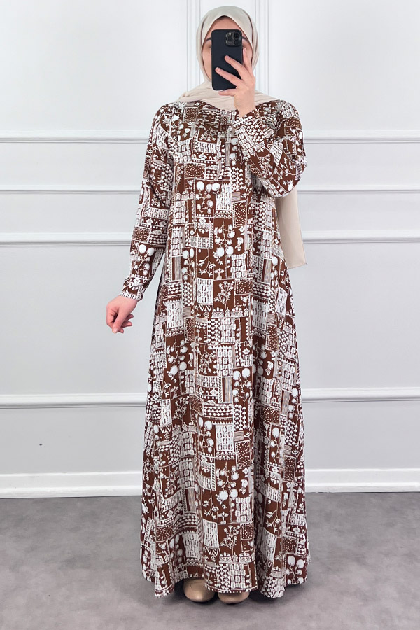 Pamuk Viskon Kumaş Elbise - Kahverengi