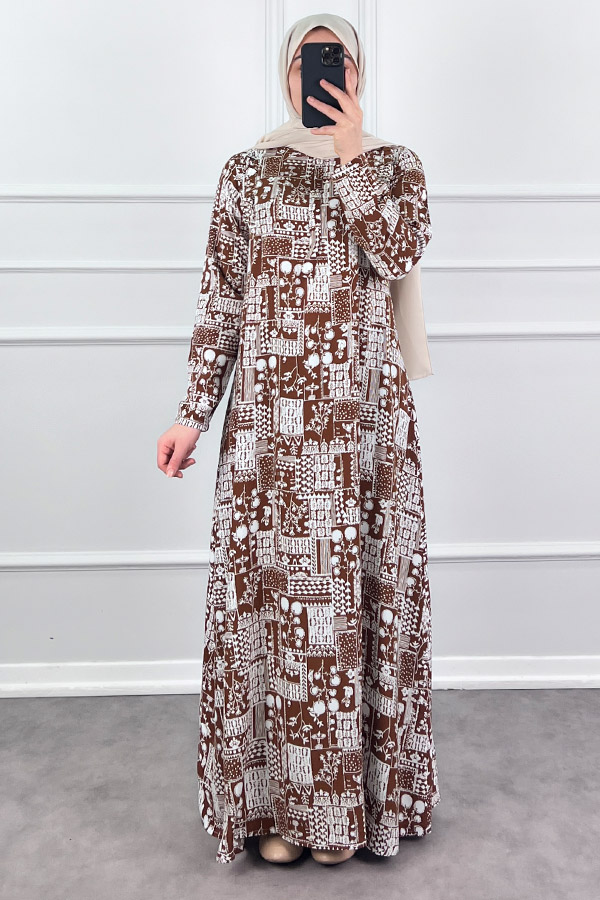 Pamuk Viskon Kumaş Elbise - Kahverengi