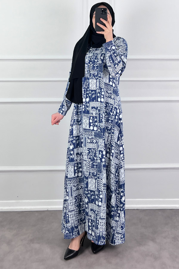 Pamuk Viskon Kumaş Elbise - Mavi