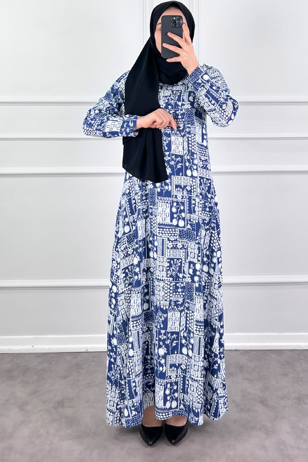 Pamuk Viskon Kumaş Elbise - Mavi