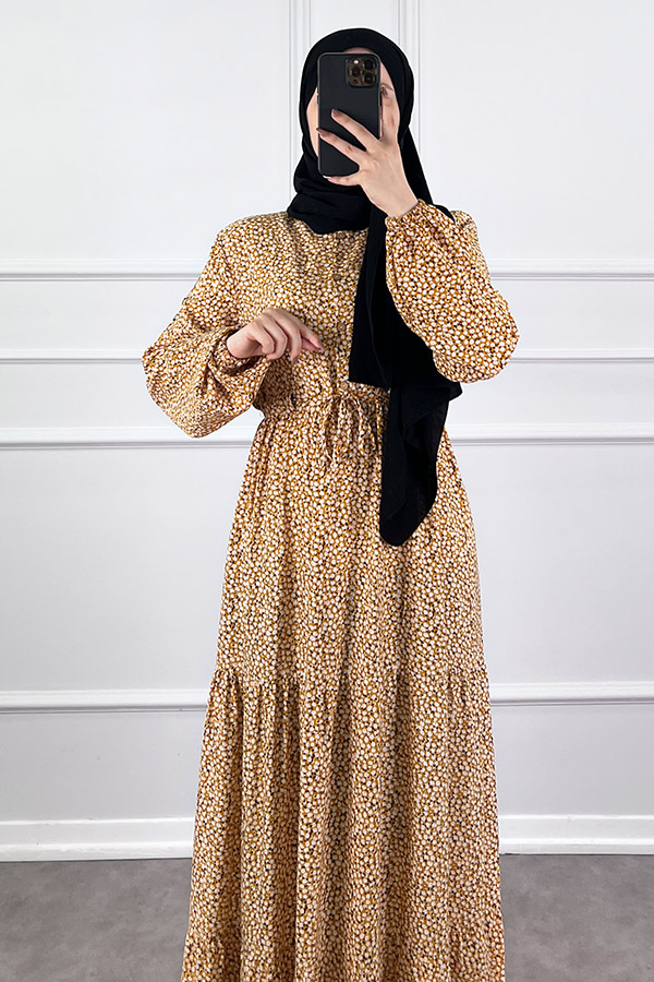 Pamuk Viskon Kumaş Papatya Elbise - Sarı