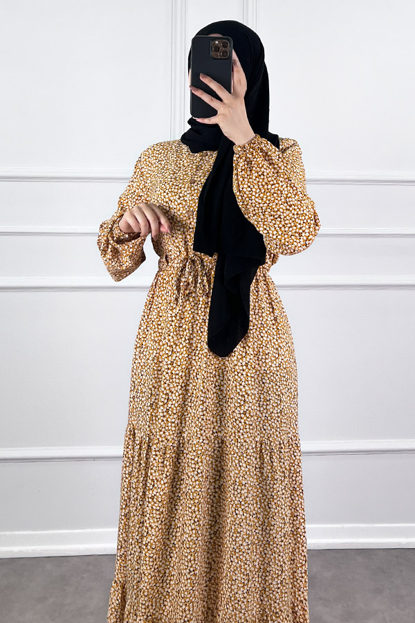 Pamuk Viskon Kumaş Papatya Elbise - Sarı