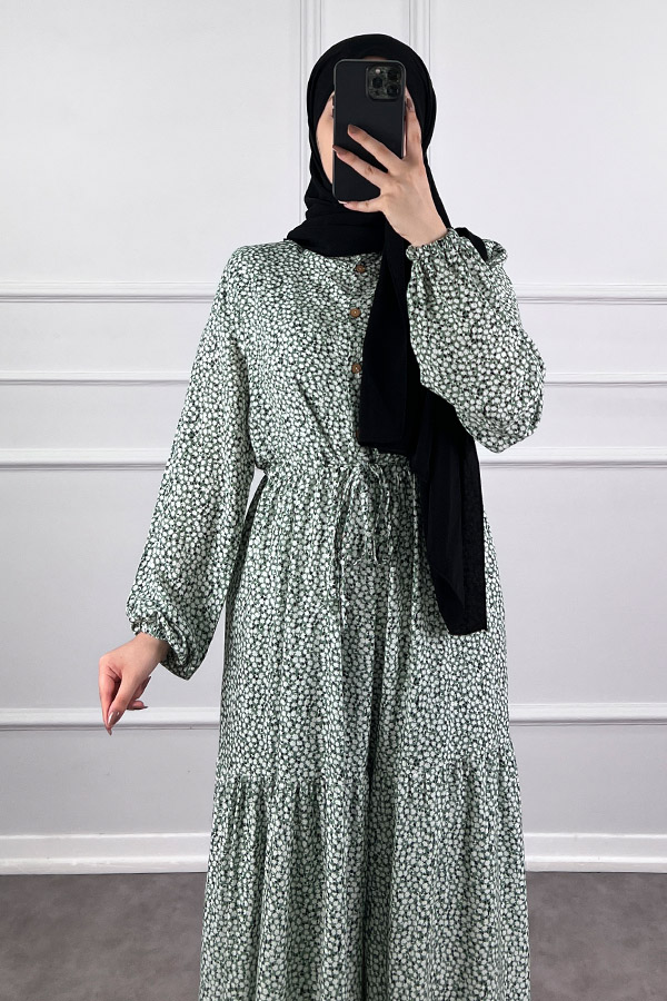 Pamuk Viskon Kumaş Papatya Elbise - Yeşil