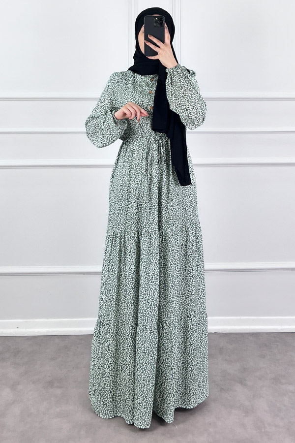 Pamuk Viskon Kumaş Papatya Elbise - Yeşil