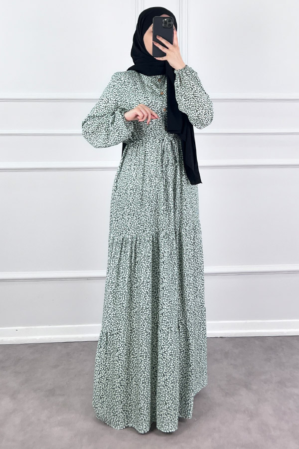 Pamuk Viskon Kumaş Papatya Elbise - Yeşil