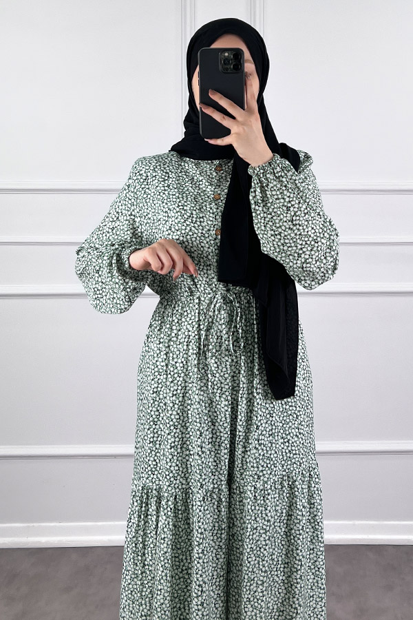 Pamuk Viskon Kumaş Papatya Elbise - Yeşil