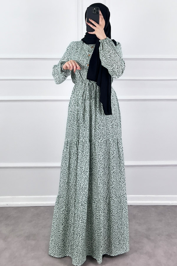 Pamuk Viskon Kumaş Papatya Elbise - Yeşil