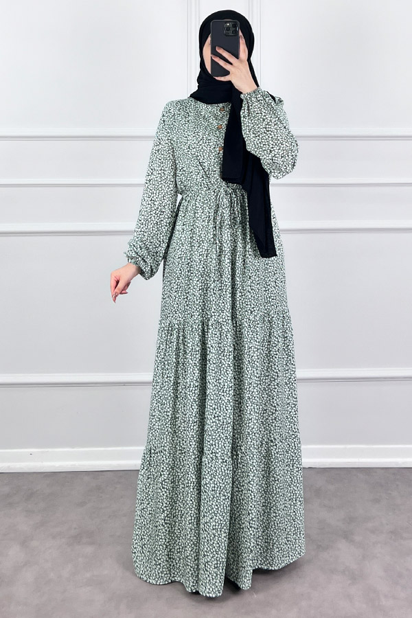 Pamuk Viskon Kumaş Papatya Elbise - Yeşil