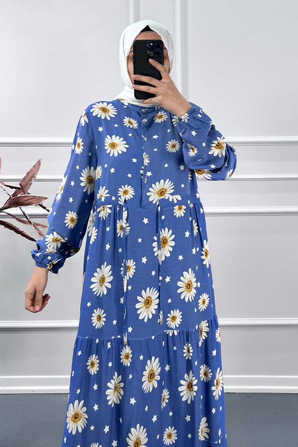 Papatya Desenli Elbise - Mavi